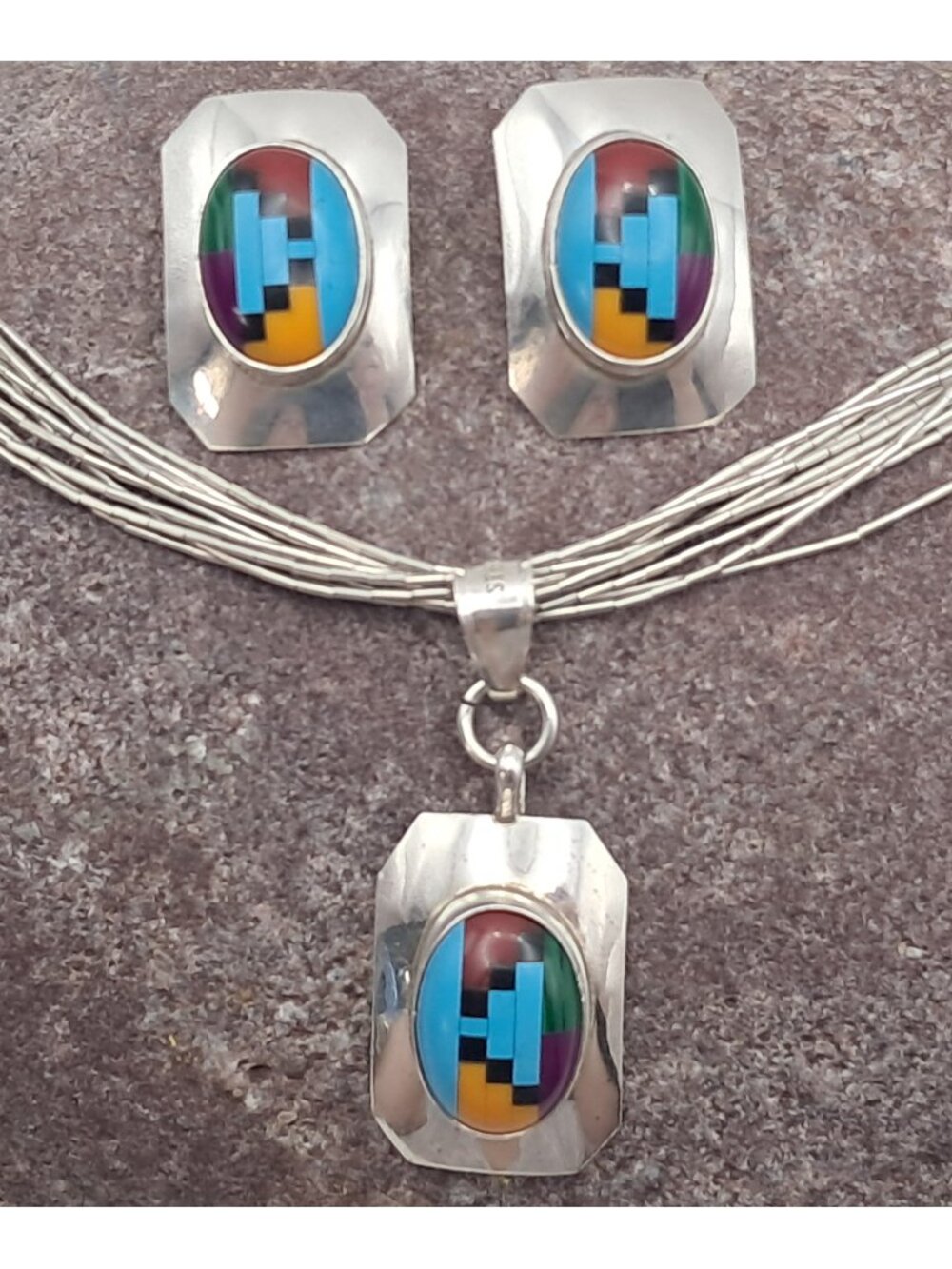 Vintage Navajo Liquid Silver Turquiose Coral Onyx Inlay Necklace & Earrings Set